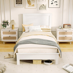 Twin Wood Platform Bed with Panelled Headboard and 12 Thickened Slats, White