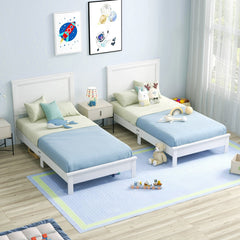Twin Wood Platform Bed with Panelled Headboard and 12 Thickened Slats, White