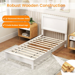 Twin Wood Platform Bed with Panelled Headboard and 12 Thickened Slats, White