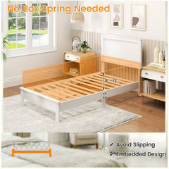 Twin Wood Platform Bed with Panelled Headboard and 12 Thickened Slats, White