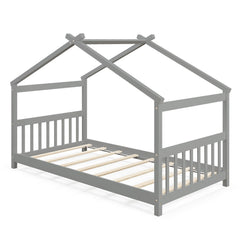 Twin House Bed with Pitched Roof, Side Rails and 8 Wooden Slats, Grey