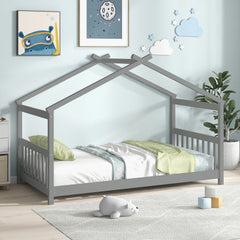 Twin House Bed with Pitched Roof, Side Rails and 8 Wooden Slats, Grey