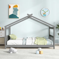 Twin House Bed with Pitched Roof, Side Rails and 8 Wooden Slats, Grey