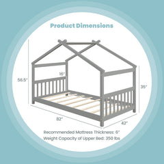 Twin House Bed with Pitched Roof, Side Rails and 8 Wooden Slats, Grey