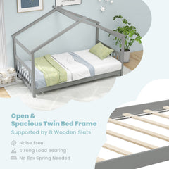 Twin House Bed with Pitched Roof, Side Rails and 8 Wooden Slats, Grey