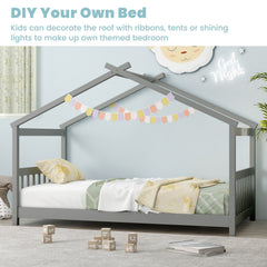 Twin House Bed with Pitched Roof, Side Rails and 8 Wooden Slats, Grey