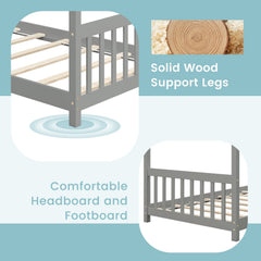 Twin House Bed with Pitched Roof, Side Rails and 8 Wooden Slats, Grey