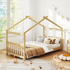 Twin House Bed with Pitched Roof, Side Rails and 8 Wooden Slats, Natural