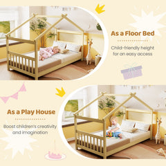 Twin House Bed with Pitched Roof, Side Rails and 8 Wooden Slats, Natural