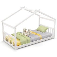 Twin House Bed with Pitched Roof, Side Rails and 8 Wooden Slats, White