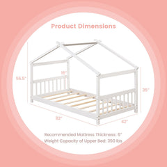 Twin House Bed with Pitched Roof, Side Rails and 8 Wooden Slats, White
