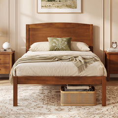 Twin Size Wooden Platform Bed Frame with Curved Headboard-Walnut