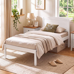 Twin Size Wooden Platform Bed Frame with Curved Headboard-White