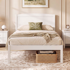 Twin Size Wooden Platform Bed Frame with Curved Headboard-White