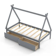 Twin Tent Frame House Bed with 2 Rolling Drawers and 8 Plywood Slats, Grey