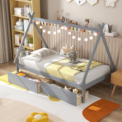 Twin Tent Frame House Bed with 2 Rolling Drawers and 8 Plywood Slats, Grey