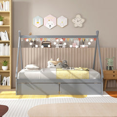 Twin Tent Frame House Bed with 2 Rolling Drawers and 8 Plywood Slats, Grey