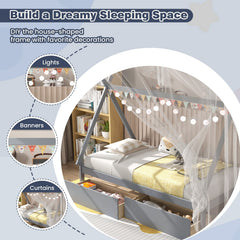 Twin Tent Frame House Bed with 2 Rolling Drawers and 8 Plywood Slats, Grey