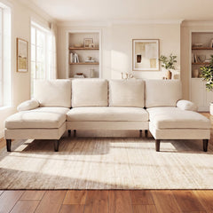 101.5 in U Shaped Corduroy Sectional in Cream with Two Chaises and a 24 in Armrest Pillow