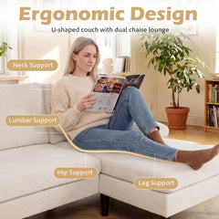 101.5 in U Shaped Corduroy Sectional in Cream with Two Chaises and a 24 in Armrest Pillow