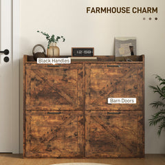 Narrow Shoe Storage Cabinet with 4 Flip Drawers, Adjustable Shelves, 16 Pair Farmhouse Shoe Cabinet, Rustic Brown