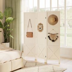 4.7' 3 Panel Wooden Room Divider with Pegboard Display, Folding Privacy Screen for Home Office, Natural