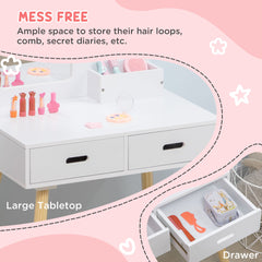 Kids Vanity Set with Mirror and Stool, Makeup Dressing Table with Drawers for Children Aged 3-6 Years, White
