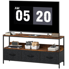 TV Stand with Charging Station, TV Table with 2 Foldable Linen Drawers and Open Shelf for 47 Inch Television, Black