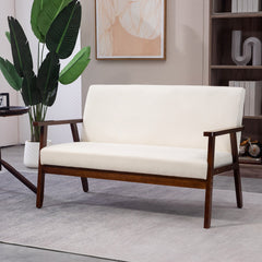 Compact Loveseat Sofa Couch Linen Fabric Double Seat Sofa with Rubber Wood Legs Cream White