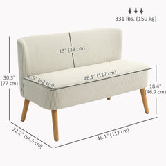 Modern 2 Seater Sofa, Upholstered Two Seater Couch with Rubber Wood Legs, Cream White