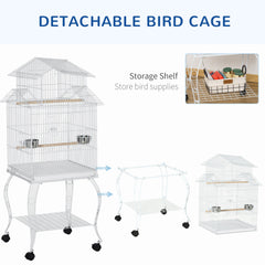 53.9'' Large Rolling Steel Bird Cage Bird House with Detachable Rolling Stand, Storage Shelf, Wood Perch, Food Container, White