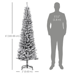 6ft Flocked Christmas Tree, Pencil Christmas Tree with Realistic Branch Tips, Folding Metal Stand, Green