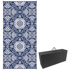 Portable Outdoor Rug with Carry Bag, 9' x 18' Reversible Mat, Waterproof Plastic Straw RV Rug for Backyard, Deck, Picnic, Beach, Camping, Blue & White Flower