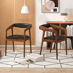 Set of 2 Wooden Armchairs with Curved Back and Brown PU Leather Seat