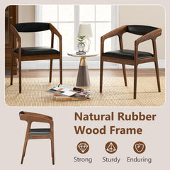 Set of 2 Wooden Armchairs with Curved Back and Brown PU Leather Seat