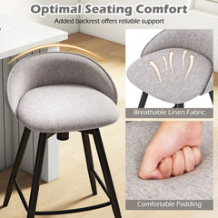 Set of 2 Swivel Counter Stools with Wrap Around Linen Backs in Grey