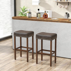 Set of 2 Backless Saddle Bar Stools in Grey Faux Leather, 29.5 Inch Seat