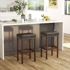 Set of 2 Backless Saddle Bar Stools in Grey Faux Leather, 29.5 Inch Seat