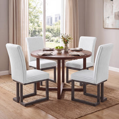 Set of 4 Channel Tufted High Back Dining Chairs, White with Dark Wood Legs