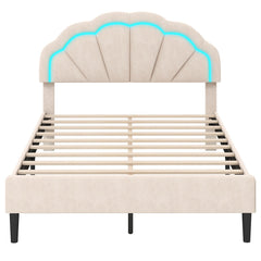 Upholstered LED Bed Frame with Adjustable Flower Headboard and Metal Support Feet-Full Size