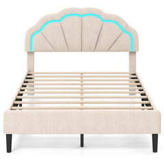Upholstered LED Bed Frame with Adjustable Flower Headboard and Metal Support Feet-Full Size