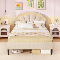 Upholstered LED Bed Frame with Adjustable Flower Headboard and Metal Support Feet-Full Size