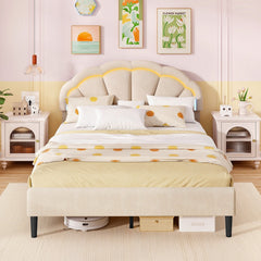 Upholstered LED Bed Frame with Adjustable Flower Headboard and Metal Support Feet-Queen Size