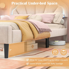 Upholstered LED Bed Frame with Adjustable Flower Headboard and Metal Support Feet-Queen Size