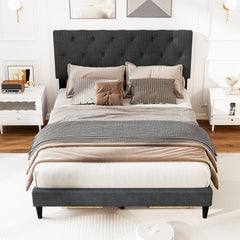 Full Upholstered Platform Bed with Diamond Tufted Headboard and 12 Plywood Slats