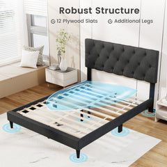 Full Upholstered Platform Bed with Diamond Tufted Headboard and 12 Plywood Slats