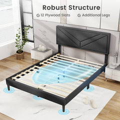 Queen Upholstered Platform Bed with Chevron Panel Headboard and 12 Plywood Slats