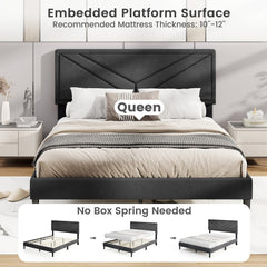Queen Upholstered Platform Bed with Chevron Panel Headboard and 12 Plywood Slats