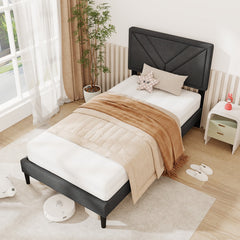 Twin Upholstered Platform Bed with Chevron Panel Headboard and 12 Plywood Slats