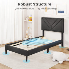 Twin Upholstered Platform Bed with Chevron Panel Headboard and 12 Plywood Slats